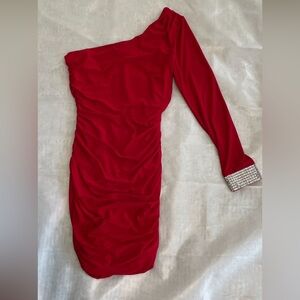 Red One Shoulder Ruched Bodycon Dress Rhinestone Cuff Cocktail Medium